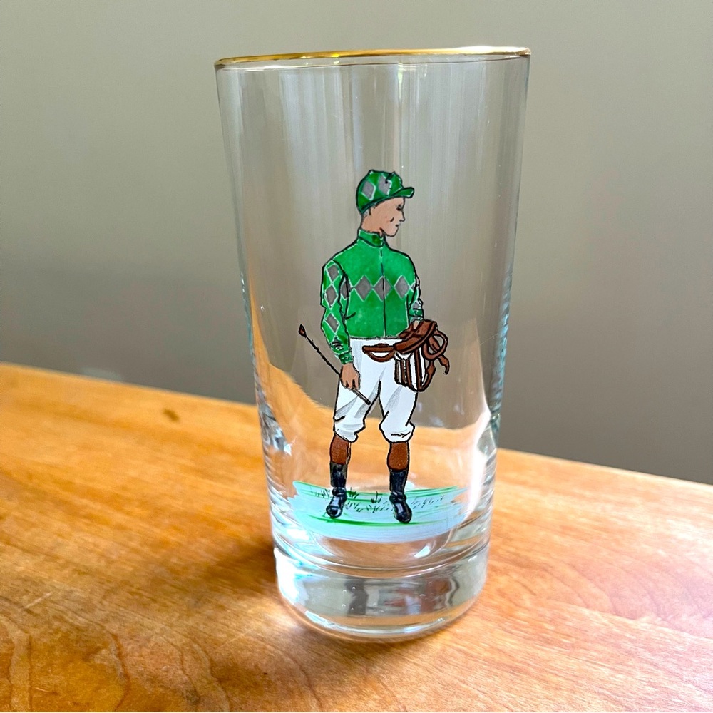 Vintage Roger Riger Jockey 6" Highball Glass Hand-Painted Green Gold